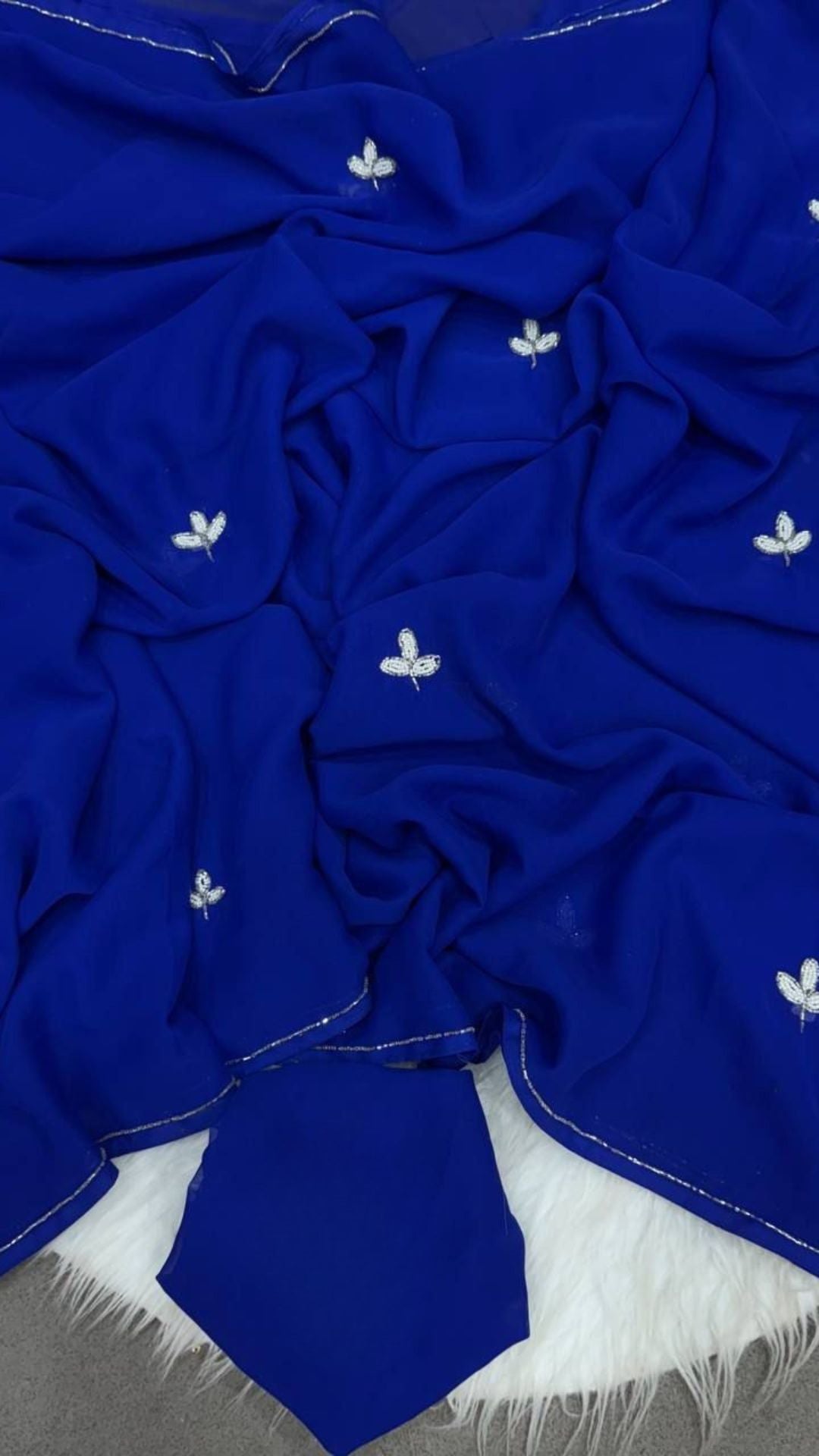 Royal Blue Georgette Saree with Silver Cut Dana Handwork Leaf Motifs