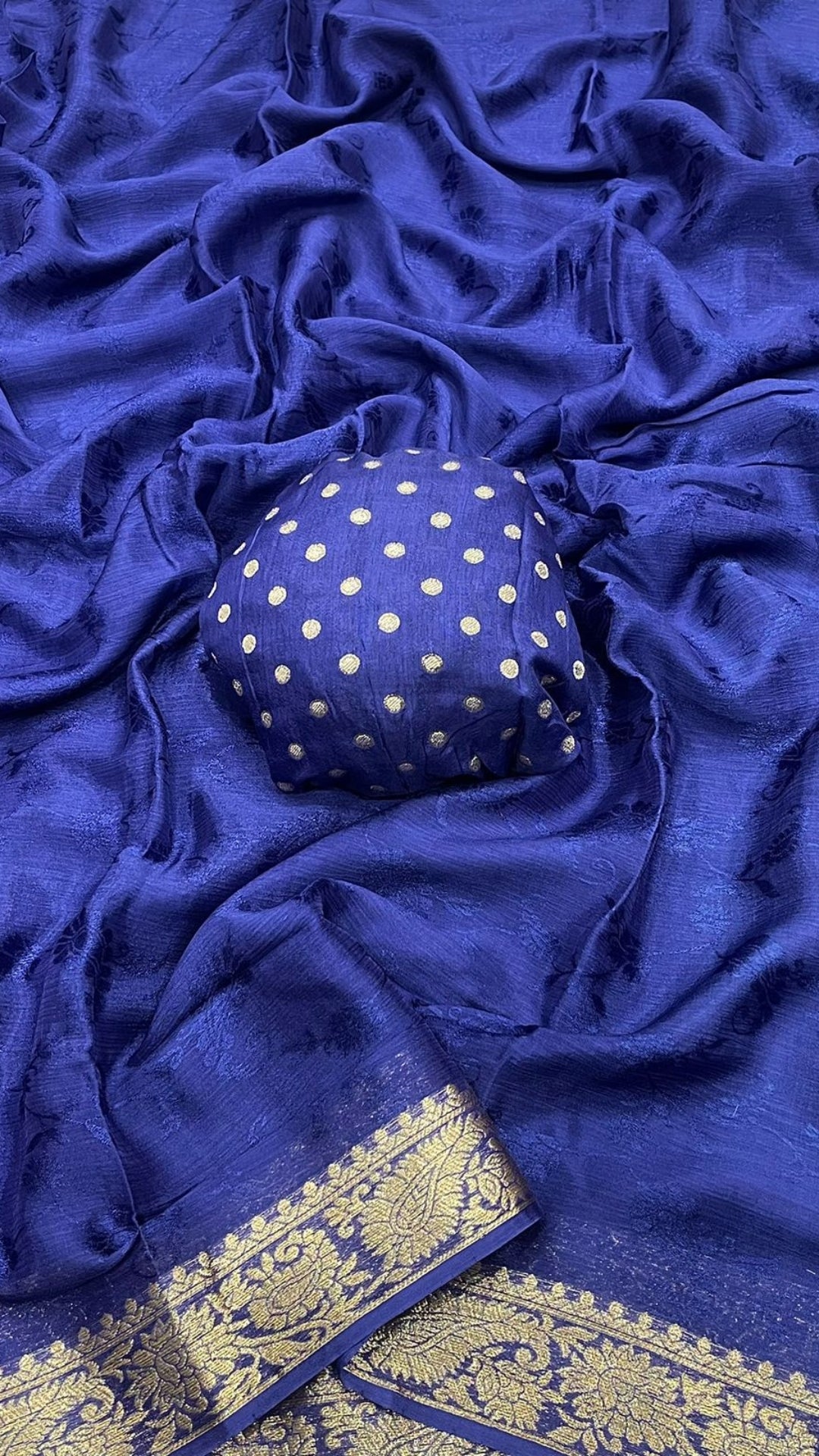 Royal Blue Pure Chinon Chiffon Saree with Antique Gold Zari Border