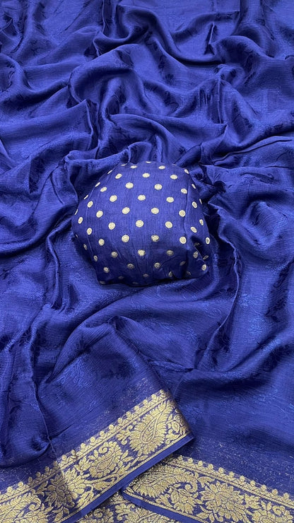 Royal Blue Pure Chinon Chiffon Saree with Antique Gold Zari Border