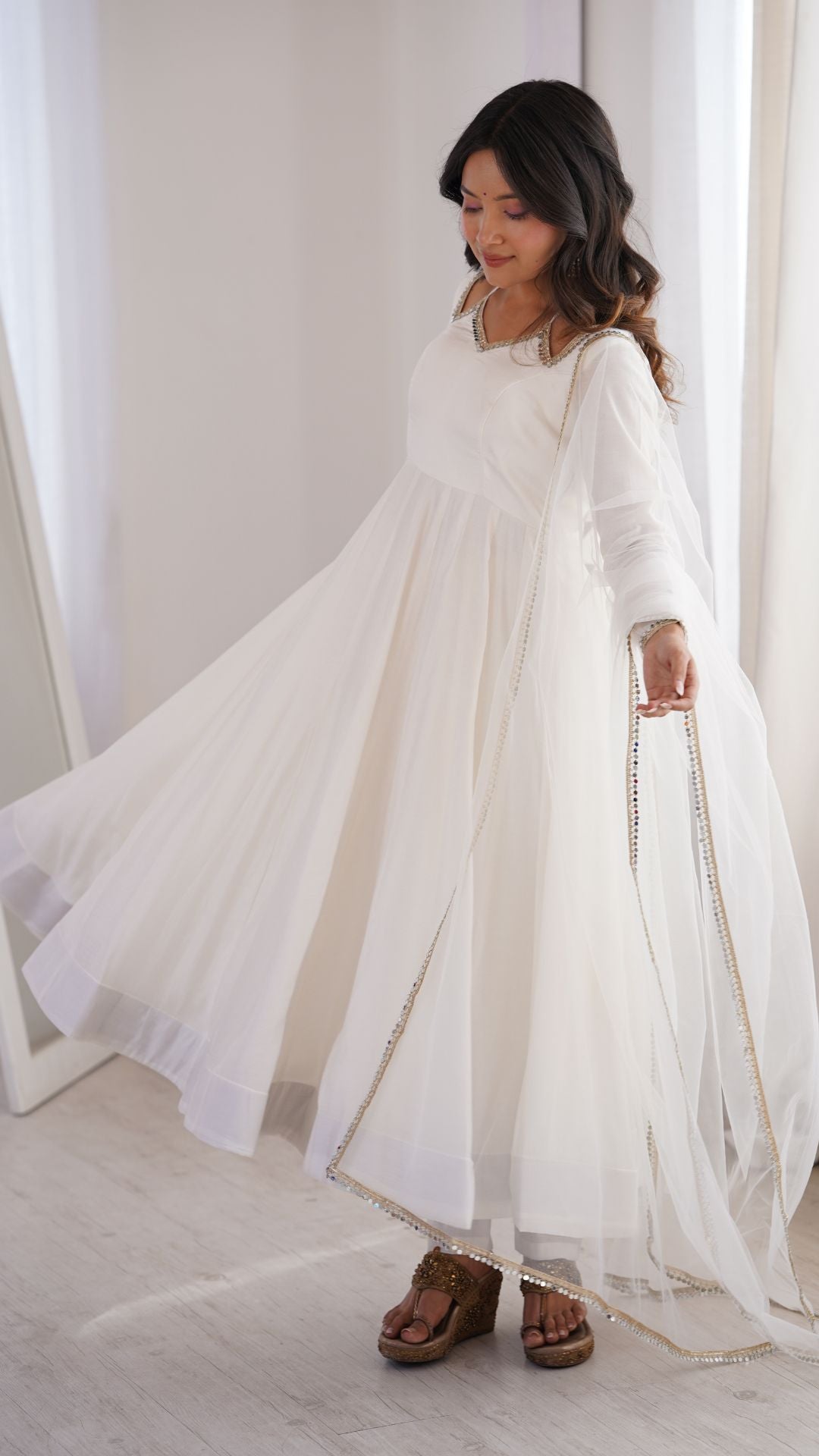 Off White Roman Silk Chanderi Anarkali Suit Set for Women
