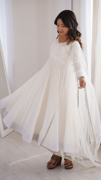 Off White Roman Silk Chanderi Anarkali Suit Set for Women