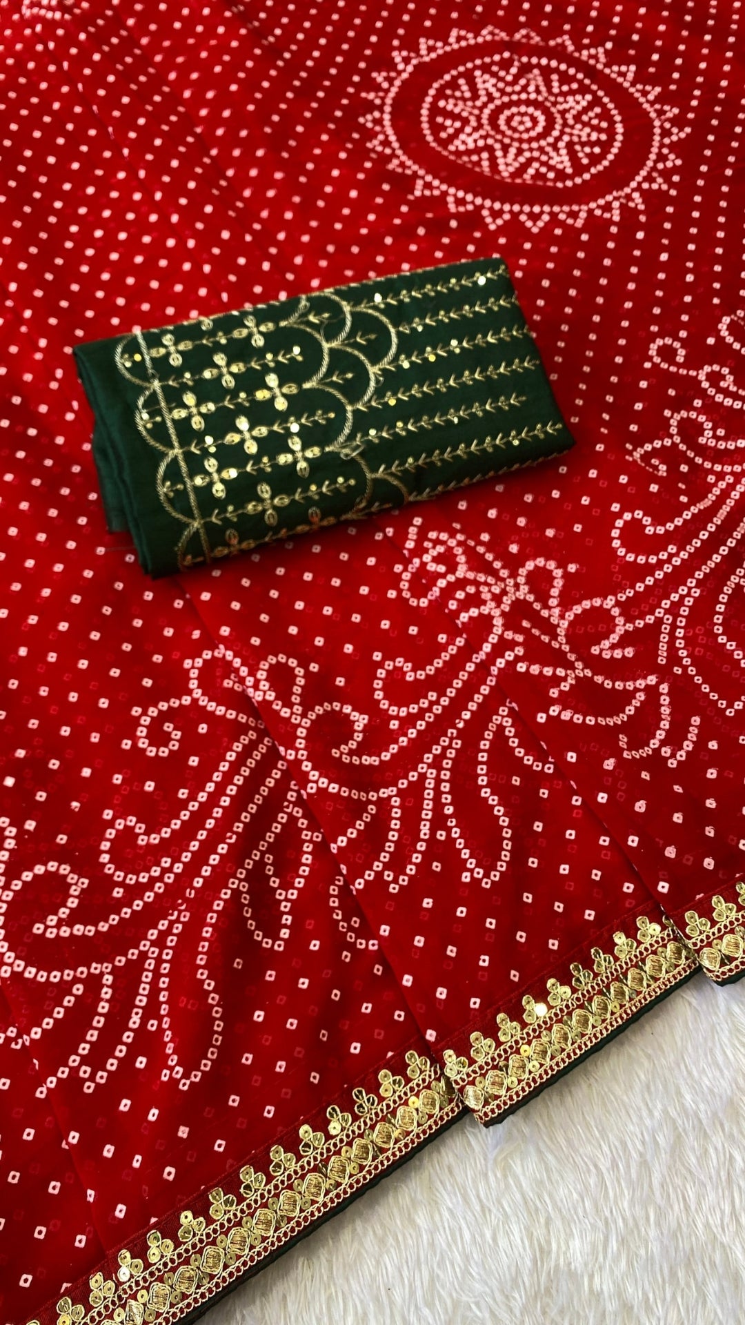 Red Georgette Bandhani Saree with Dark Green Contrast Blouse