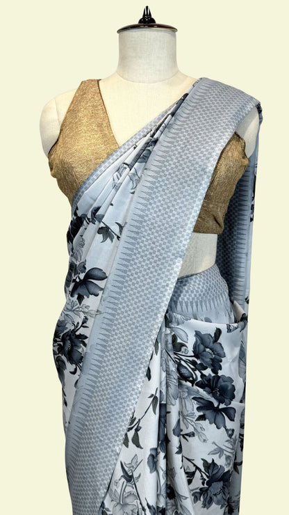 Icy Blue Floral Print Synthetic Saree