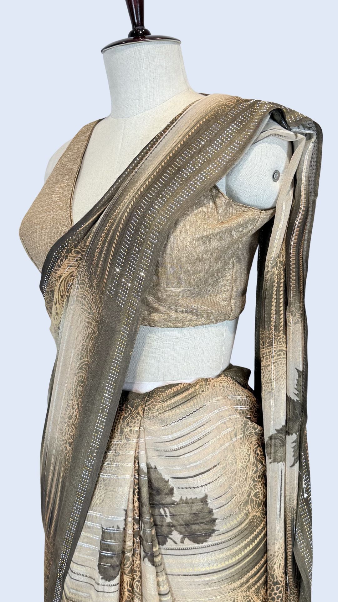 Beige Printed Synthetic Saree with Leaf Print