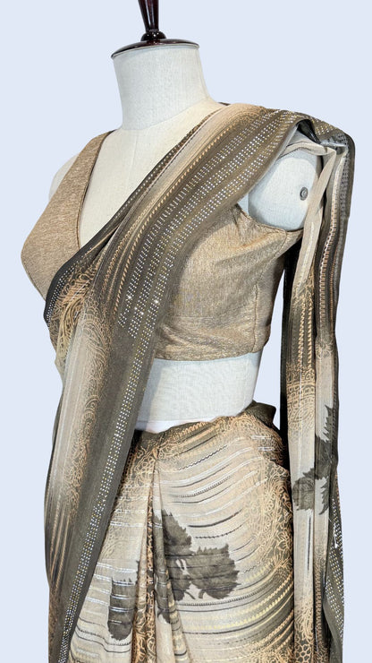 Beige Printed Synthetic Saree with Leaf Print