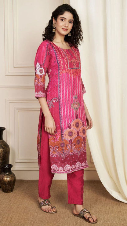 Lilac Soft Muslin Pakistani Suit – Hand Embroidered Kurti Set with Real Mirror Work