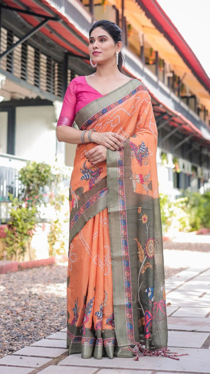 Vibrant Orange Bandhani & Kalamkari Print Linen Cotton Saree