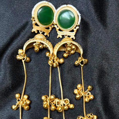 Banarashe Crescent Chain Earrings Green Gemstone Brass Danglers - Baranashe - Banarashe Crescent Chain Earrings Green Gemstone Brass Danglers