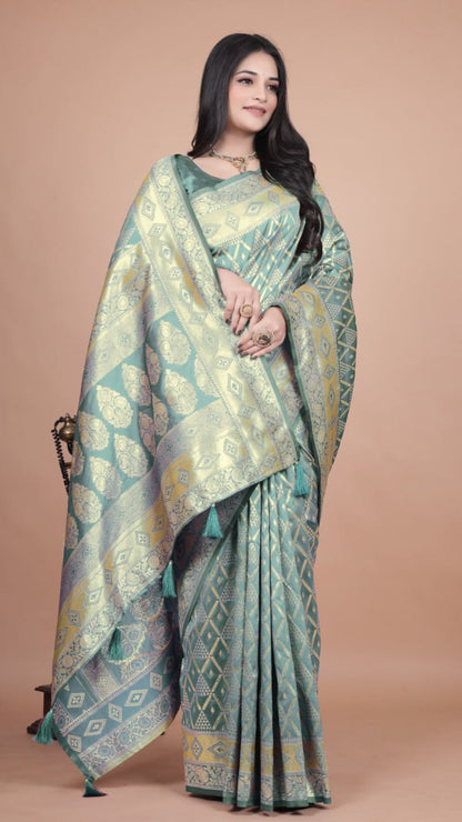 Pastel Green Banarasi Silk Saree with Gold Zari