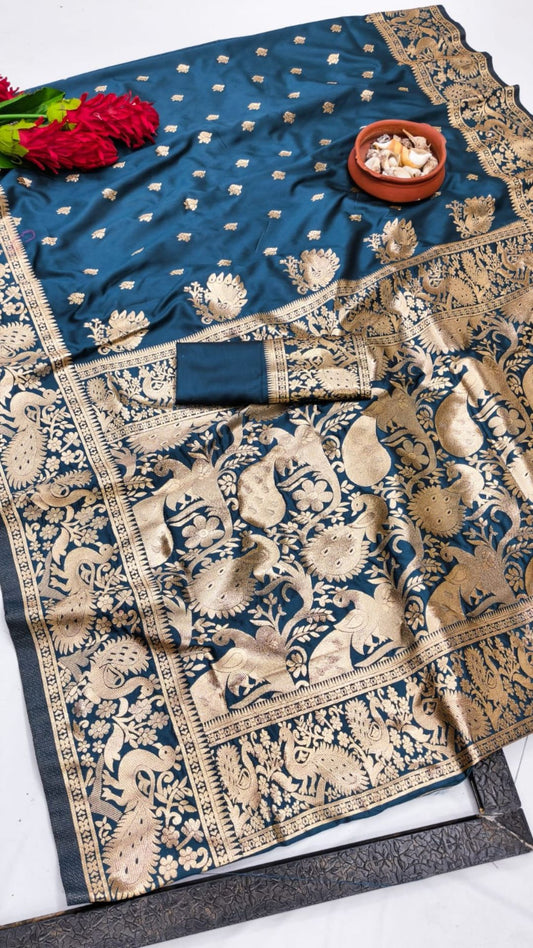 Teal Blue Soft Banarasi Silk Saree with Antique Gold Peacock Zari