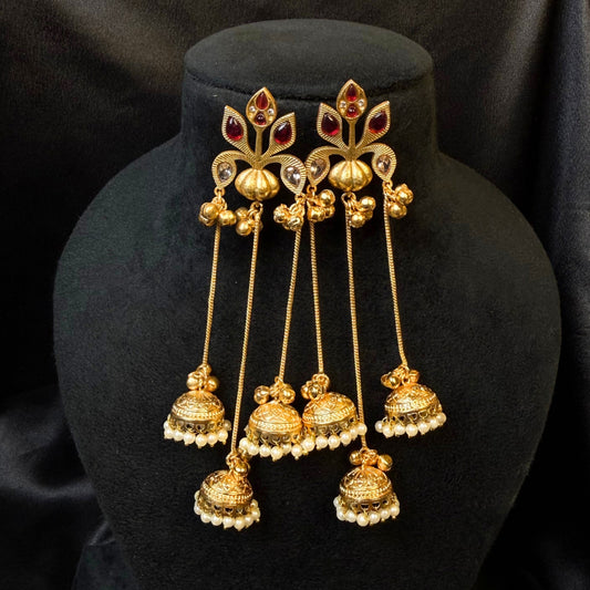 Traditional Kashmiri Jhumka Earrings Gold-Plated Long Dangler Earrings with White Pearl Drops