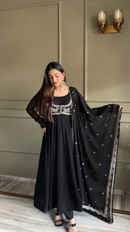Premium Black Fox Georgette Anarkali Suit Set