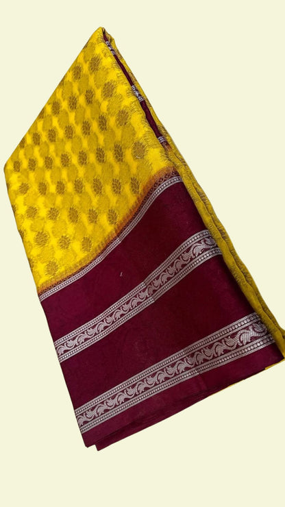 Yellow Raw Mango Silk Saree with Zari Booti Work & Maroon Designer Border