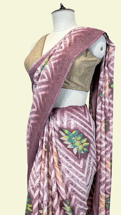 Dusty Pink Printed Synthetic Saree