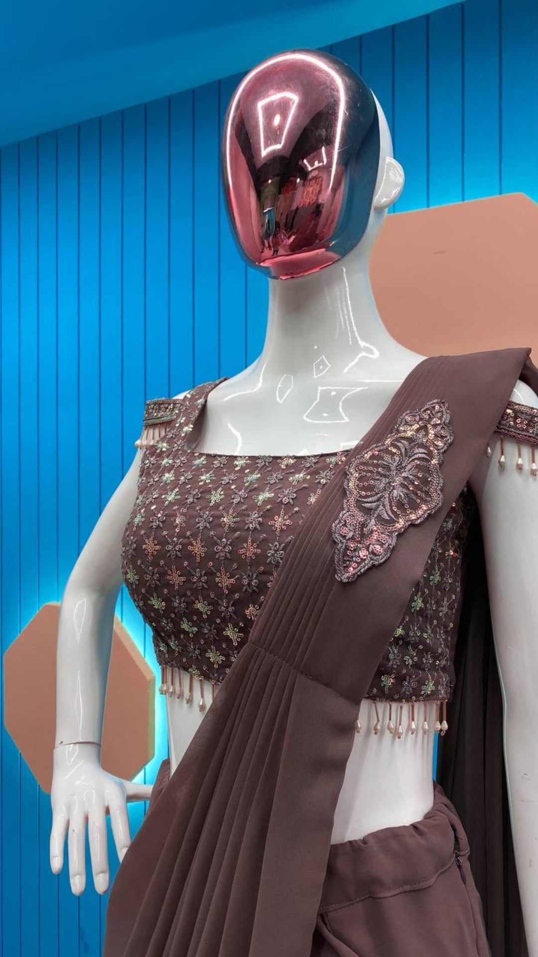 Deep Coffee Brown Ready-to-Wear Georgette Saree