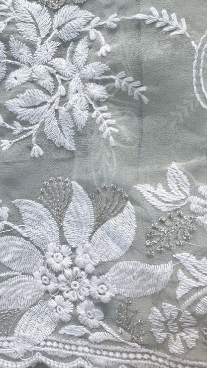 Mint Green Semi Chikankari Saree for Women with Floral Embroidery