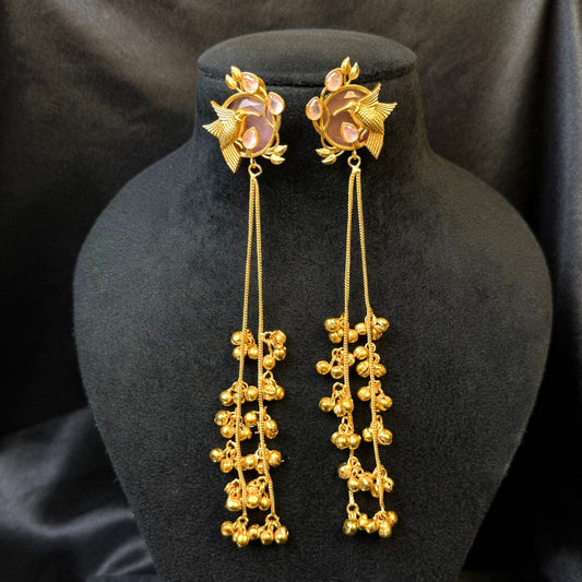 Kashmiri  Traditional Gold-Plated Dangler Earrings with pink Beads