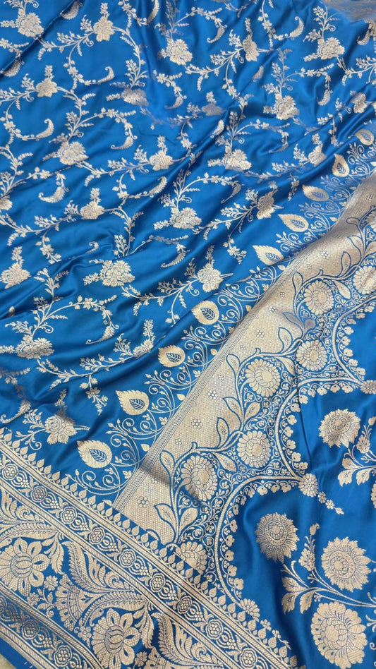 Blue Banarasi Mashroo Katan Silk Saree with Allover Jaal Work & Rich Border