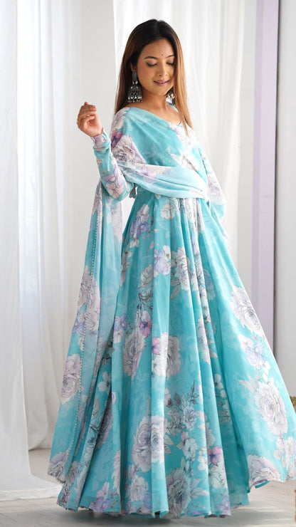 Sky Blue Floral Print Anarkali Suit with Dupatta for Women
