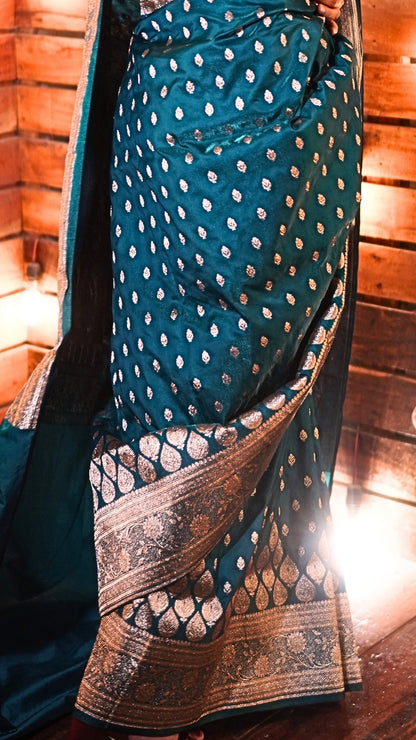 Turkish Blue Pure Katan Silk Banarasi Saree