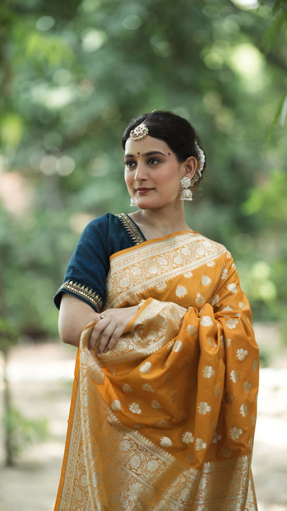 Sami Silk Nakshi Zari Booti Saree – Marigold Yellow with Silver Zari