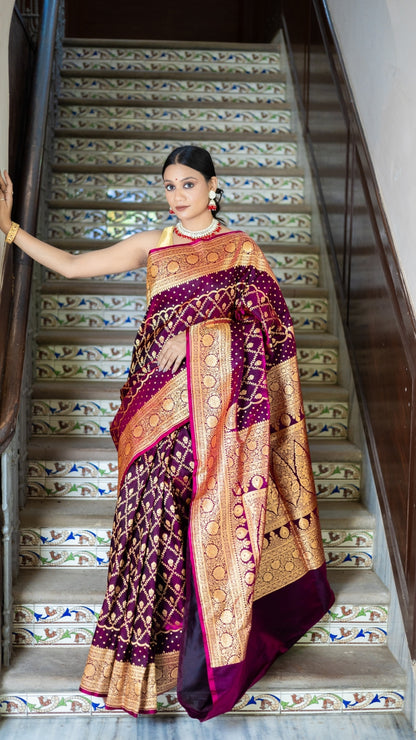 Noor-E-Gulab Banarasi Silk Saree in Wine & Gold with Intricate Zari Weaving