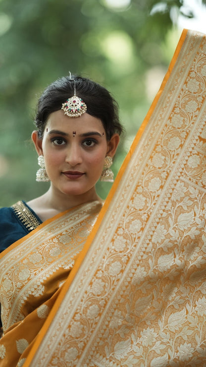 Sami Silk Nakshi Zari Booti Saree – Marigold Yellow with Silver Zari