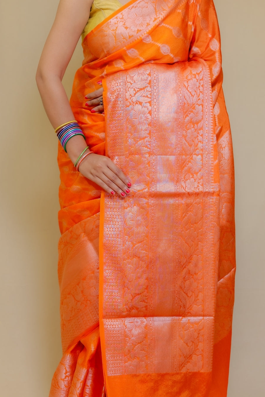 Dazzling Orange Classic Banarasi Kataan Wam Silk Saree
