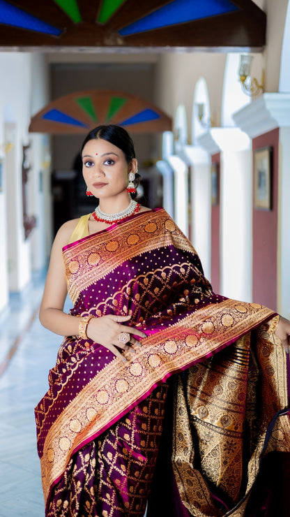 Noor-E-Gulab Banarasi Silk Saree in Wine & Gold with Intricate Zari Weaving