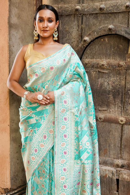 Meherbaan Mint Banarasi Silk Saree with Pastel Zari Lotus Weave