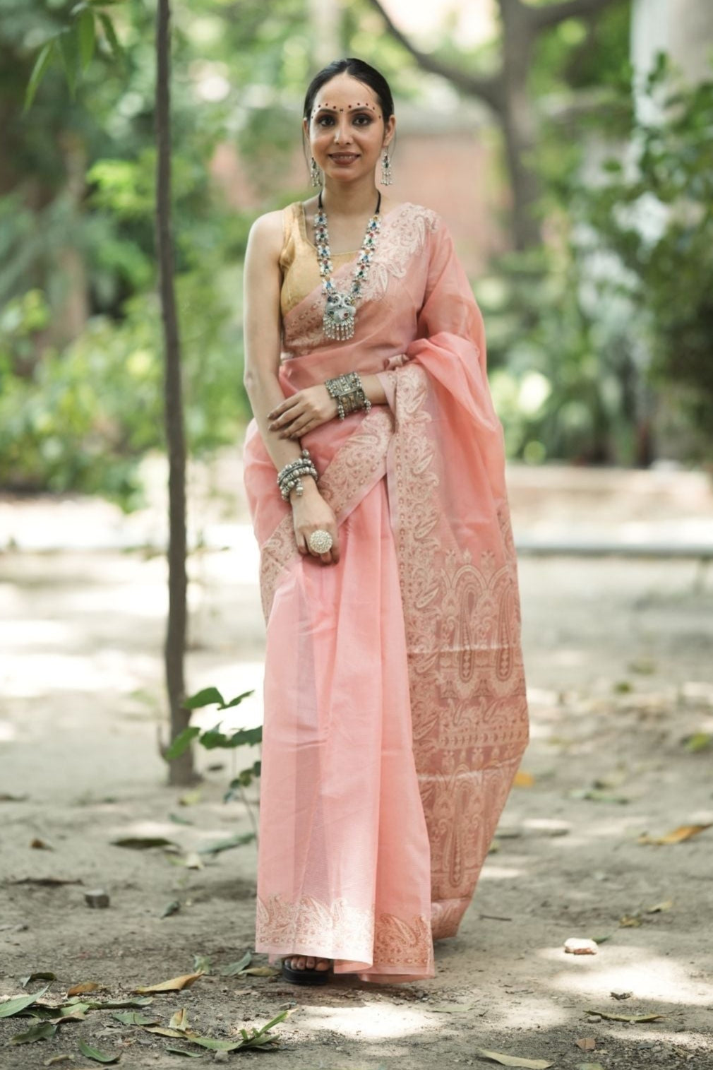 Cotton Check Super Net Resham Saree – Blush Pink Elegance