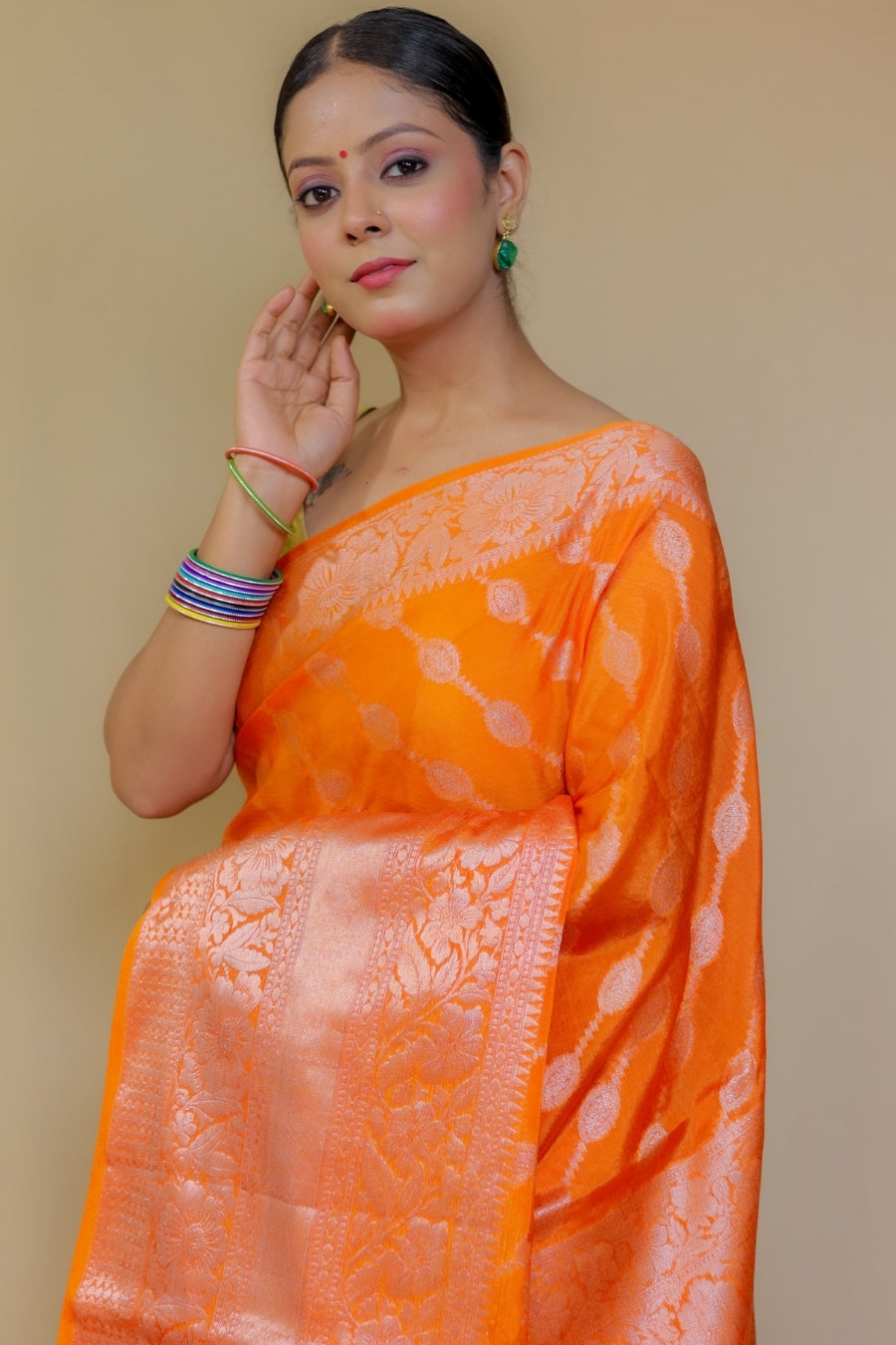 Dazzling Orange Classic Banarasi Kataan Wam Silk Saree