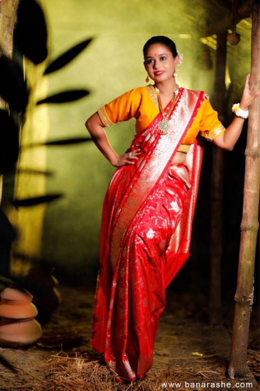 Red with Jaal Zari Work Handloom Katan Pure Silk Saree