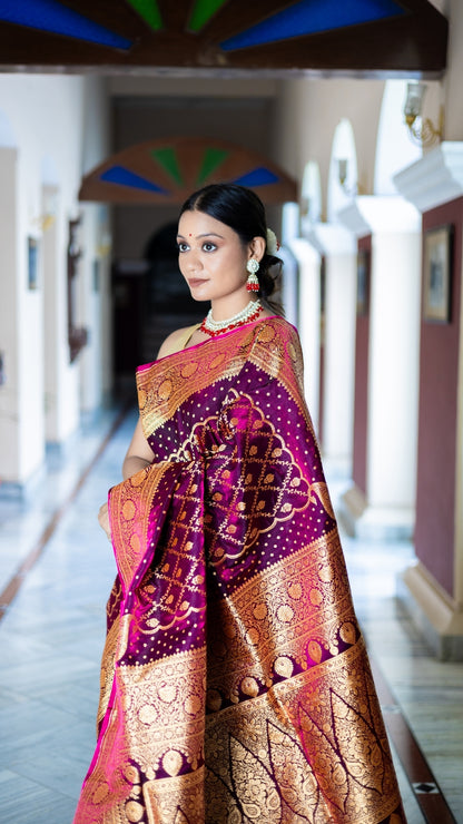 Noor-E-Gulab Banarasi Silk Saree in Wine & Gold with Intricate Zari Weaving