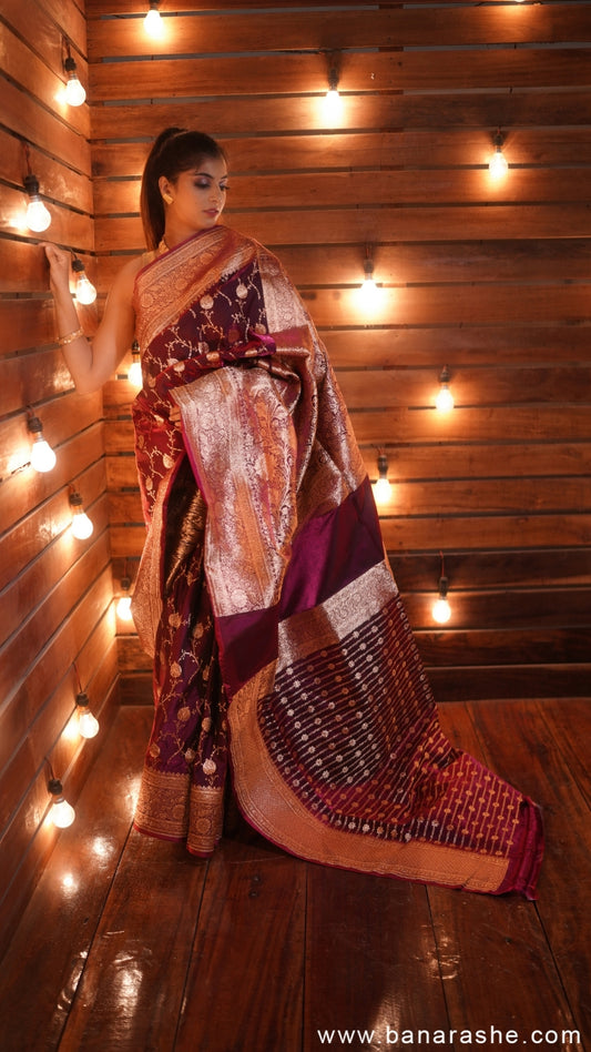 Violet with Silver-Gold Zari Pure Katan Silk Banarasi Saree