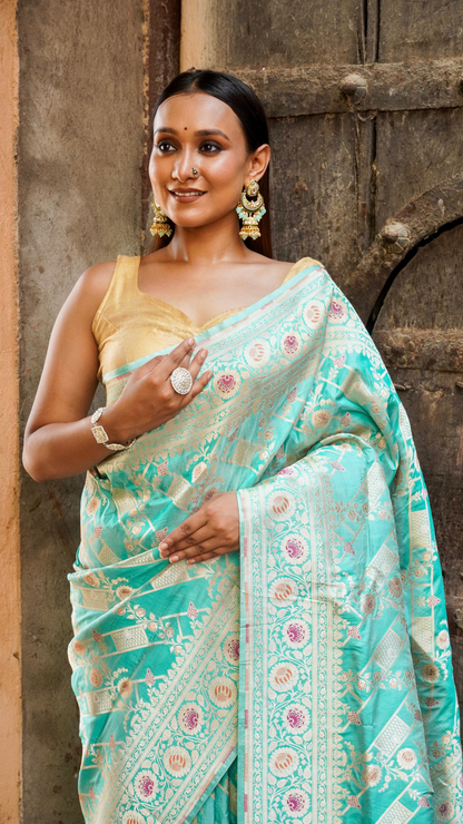 Meherbaan Mint Banarasi Silk Saree with Pastel Zari Lotus Weave
