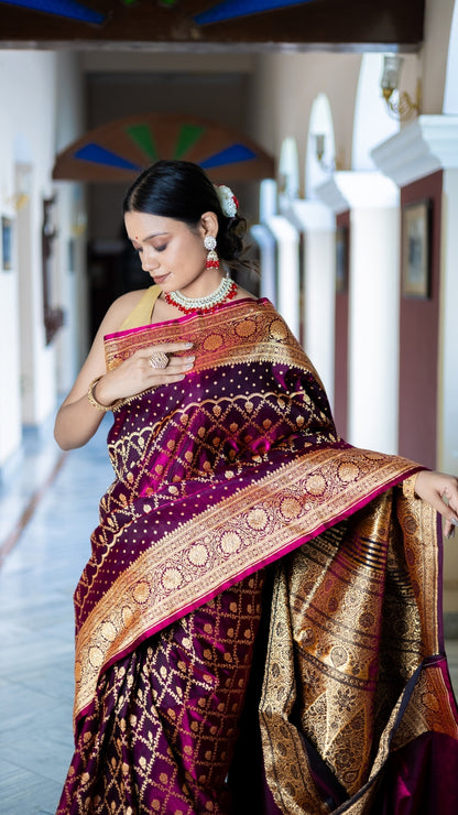 Noor-E-Gulab Banarasi Silk Saree in Wine & Gold with Intricate Zari Weaving