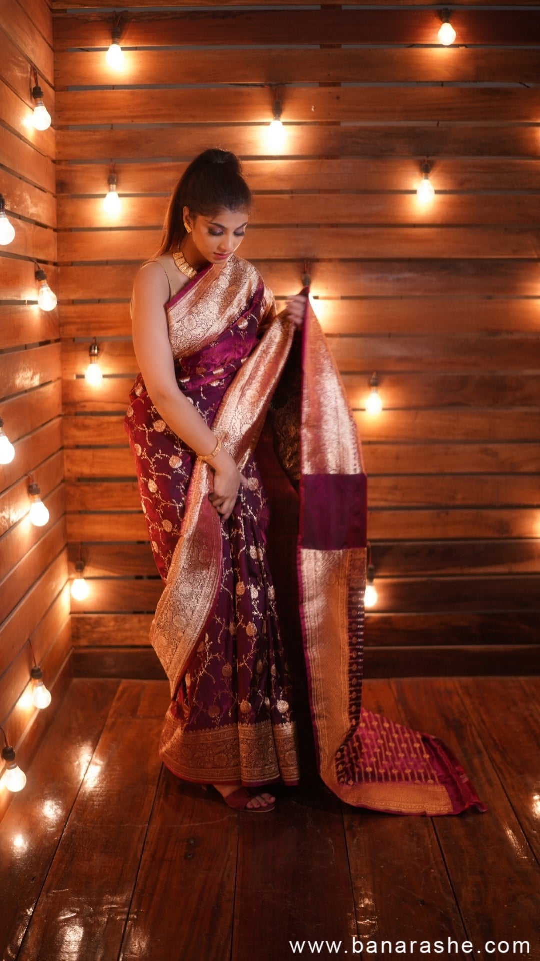 Violet with Silver-Gold Zari Pure Katan Silk Banarasi Saree