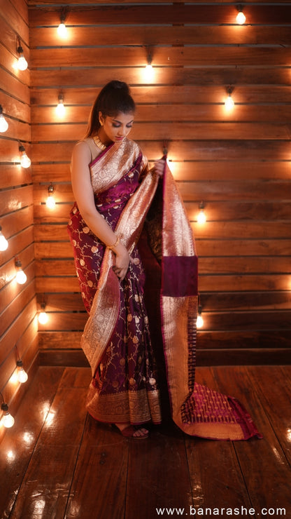 Violet with Silver-Gold Zari Pure Katan Silk Banarasi Saree