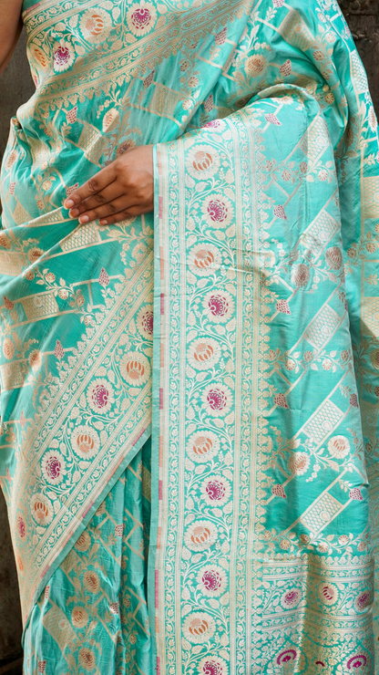 Meherbaan Mint Banarasi Silk Saree with Pastel Zari Lotus Weave