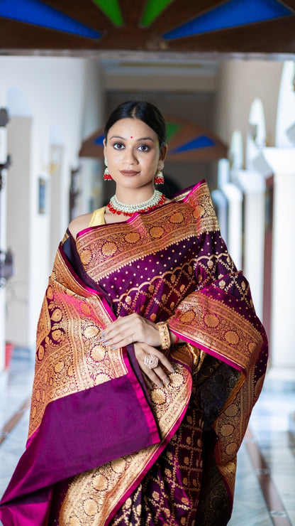 Noor-E-Gulab Banarasi Silk Saree in Wine & Gold with Intricate Zari Weaving