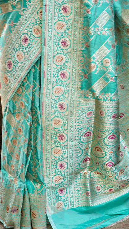 Meherbaan Mint Banarasi Silk Saree with Pastel Zari Lotus Weave