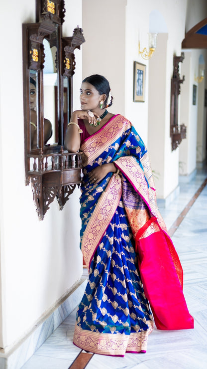 Royal Rhapsody Banarasi Silk Saree in Blue & Rani Pink with Golden Zari