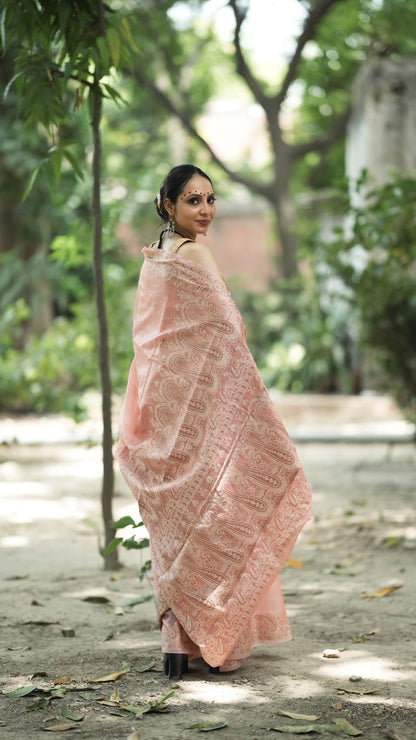Cotton Check Super Net Resham Saree – Blush Pink Elegance