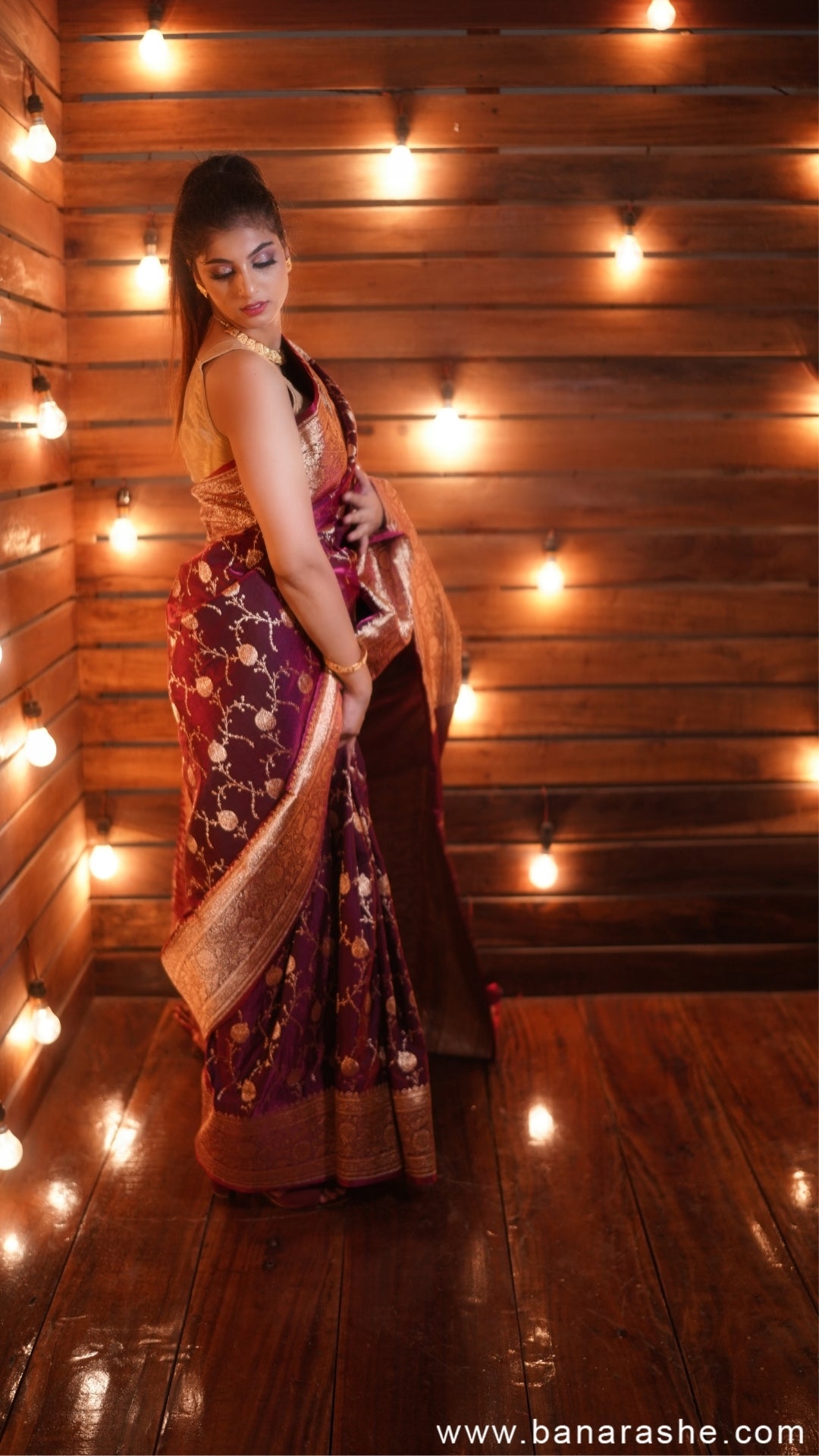 Violet with Silver-Gold Zari Pure Katan Silk Banarasi Saree