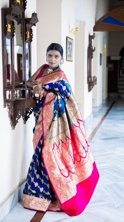 Royal Rhapsody Banarasi Silk Saree in Blue & Rani Pink with Golden Zari