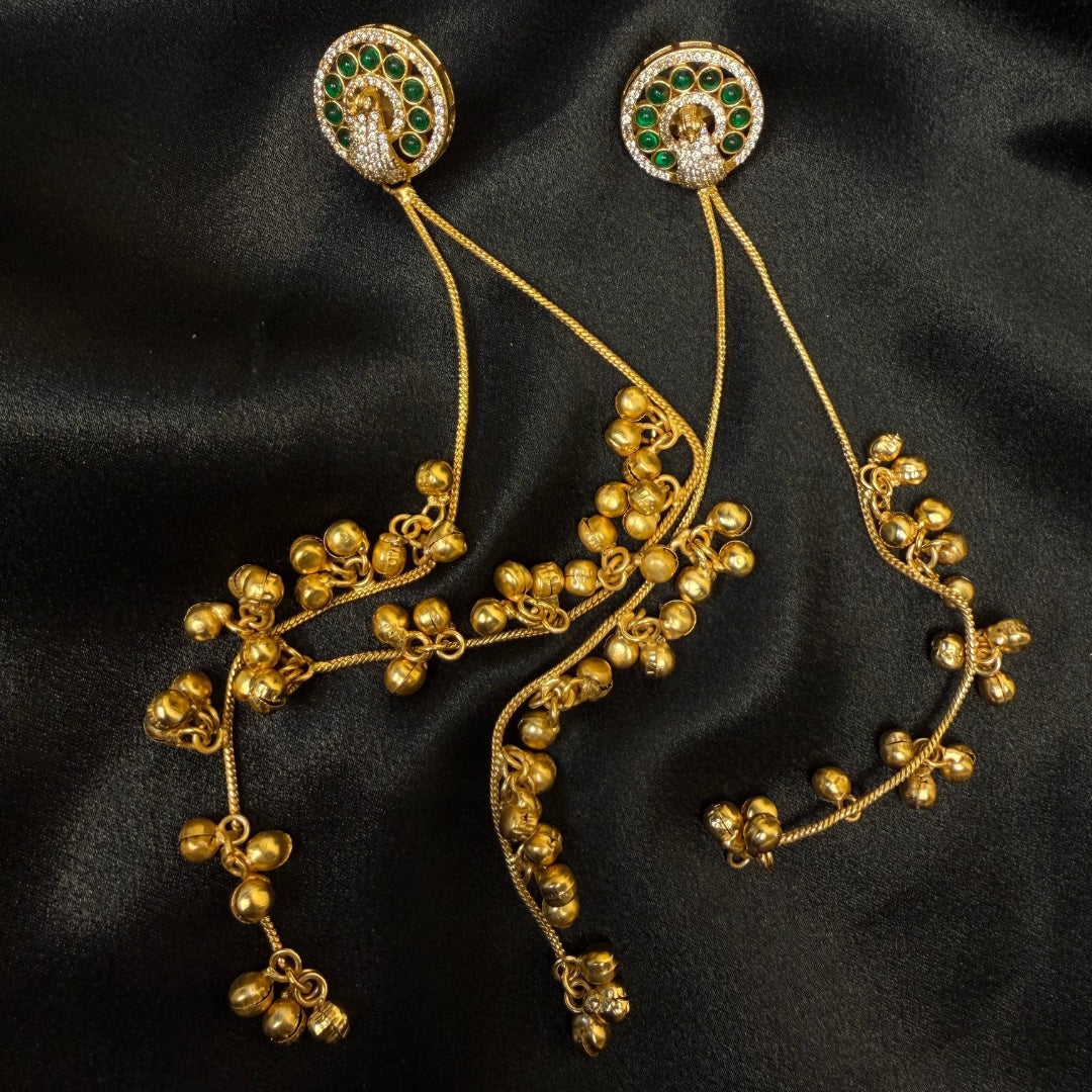 Gold Plated Peacock Design Earrings with Green Stones