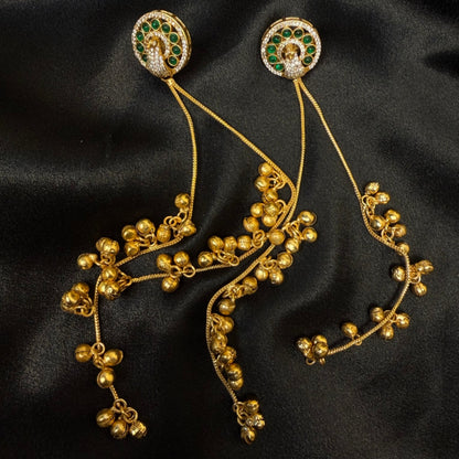Gold Plated Peacock Design Earrings with Green Stones