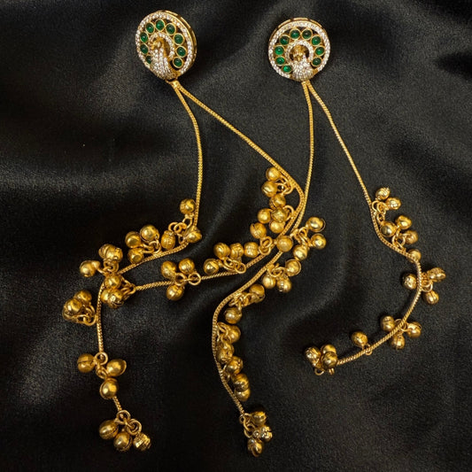 Gold Plated Peacock Design Earrings with Green Stones