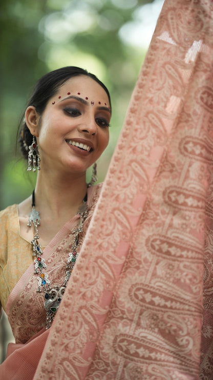 Cotton Check Super Net Resham Saree – Blush Pink Elegance